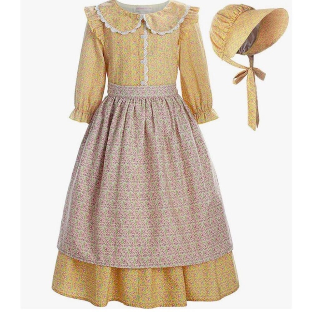 ReliBeauty Pioneer Girl Costume Colonial Prairie Dress Yellow New
